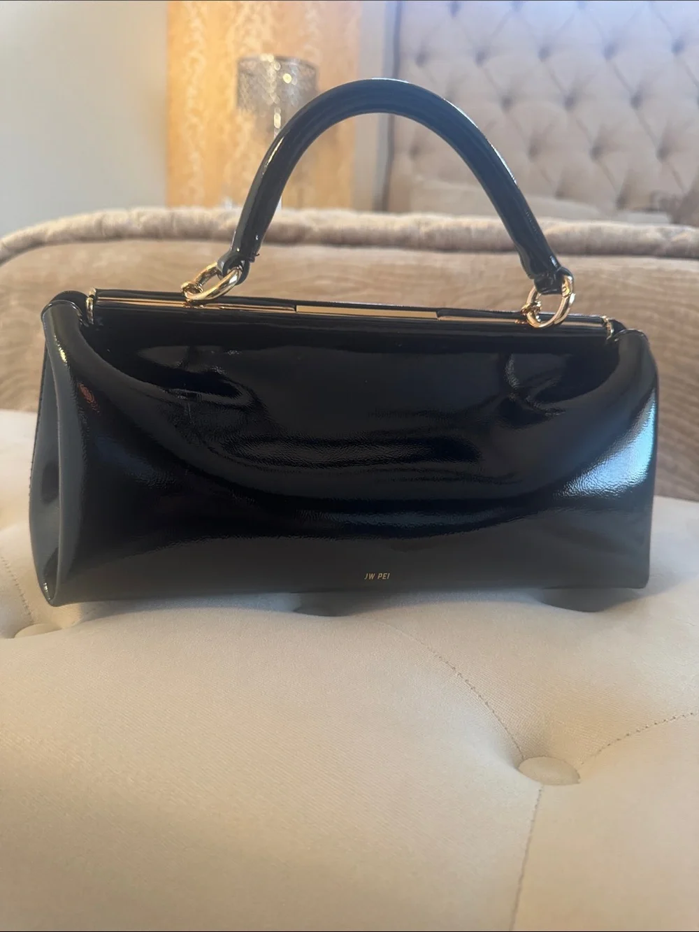 JW PEI Black Patent Top-Handle Clutch with Gold Hardware